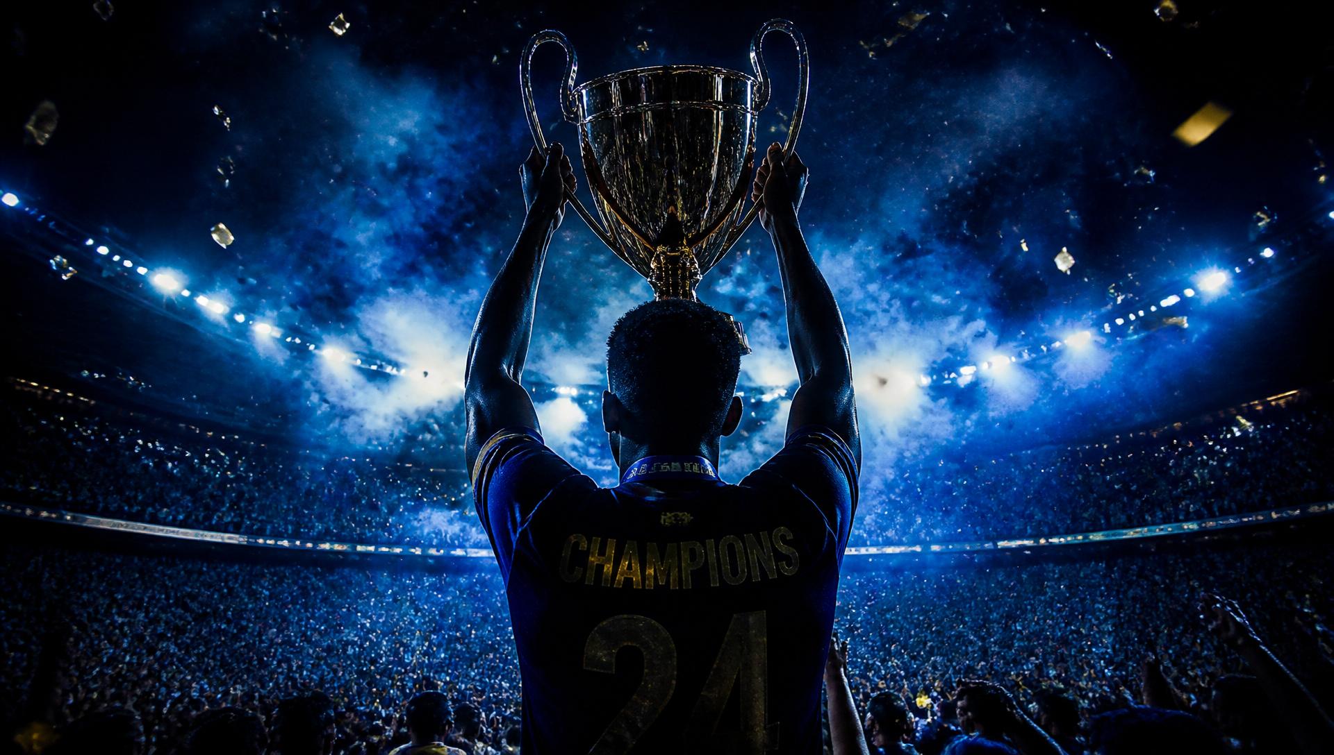 Champion lifting a trophy in a packed stadium